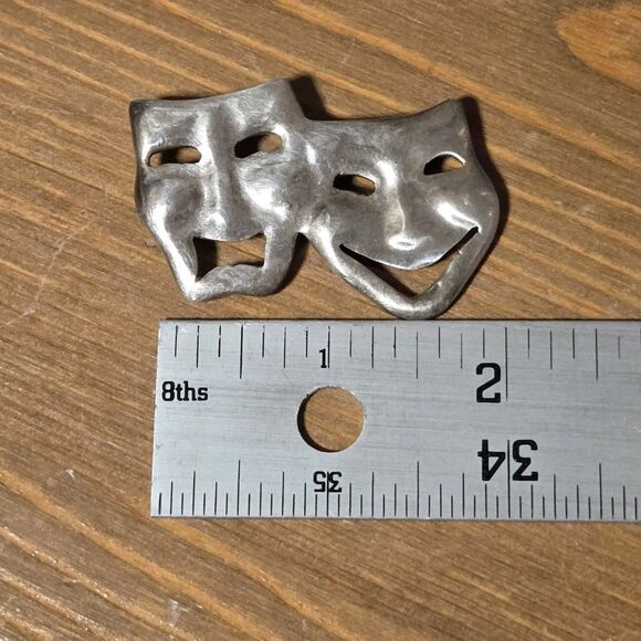 Silver Tragedy Comedy Theatre Masks Pin Brooch, Vintage Mexico 925 Sterling - Picture 4 of 4